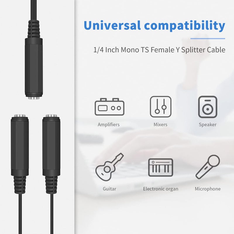 Duttek Guitar Y Cable, 6.35mm 1/4 inch Mono TS Female to 2x6.35mm 1/4 Inch Mono TS Female Y Splitter Cable 20cm/8inch (635F-2FMTS) - Image 3